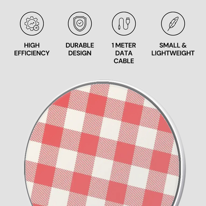 A circular red and white checkered data cable shown on a light gray background, with four black feature icons and text above reading HIGH EFFICIENCY, DURABLE DESIGN, 1 METER DATA CABLE, and SMALL & LIGHTWEIGHT.