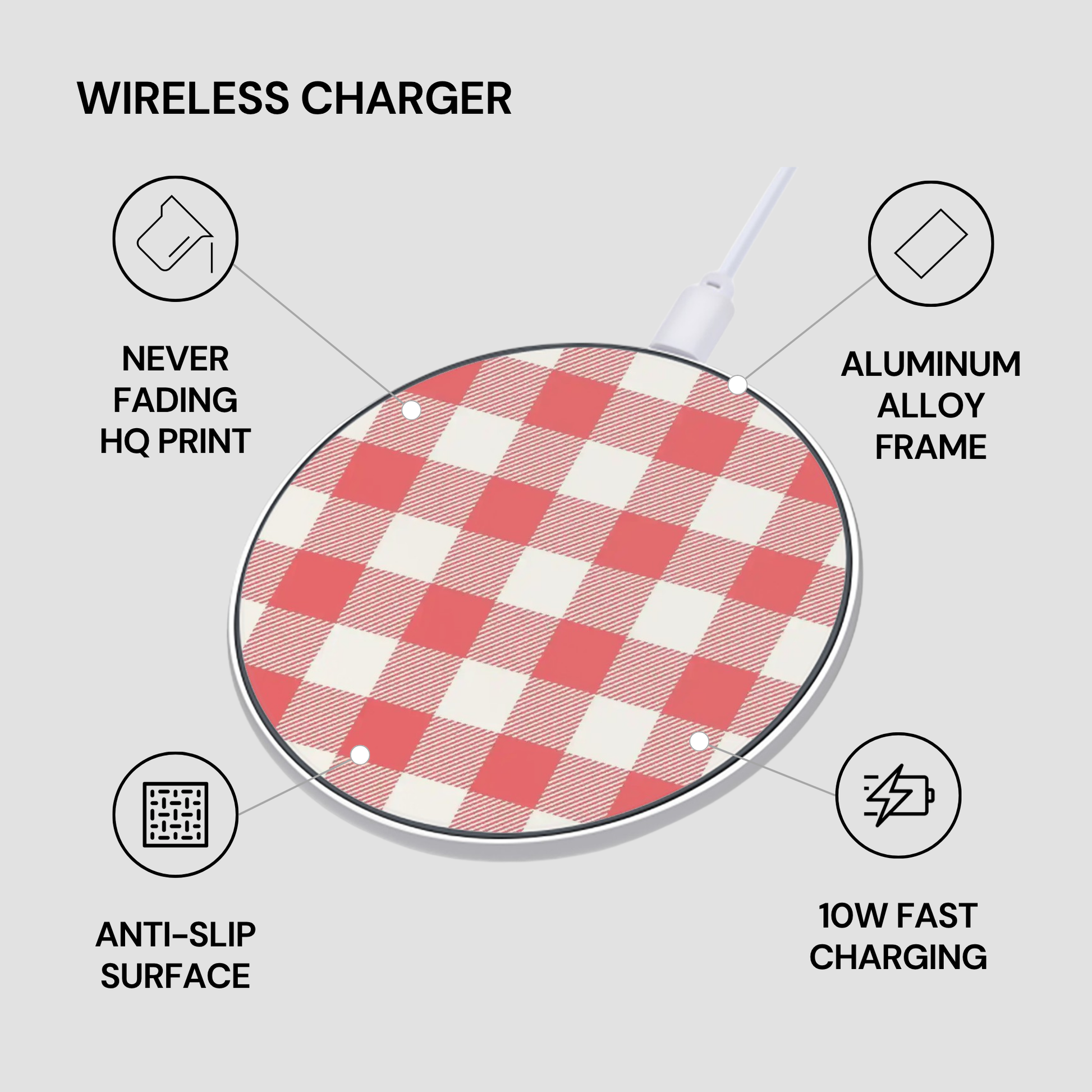 A wireless charger with a red and white gingham checkered pattern and a silver aluminum frame, shown on a light gray background with feature callout icons and text.