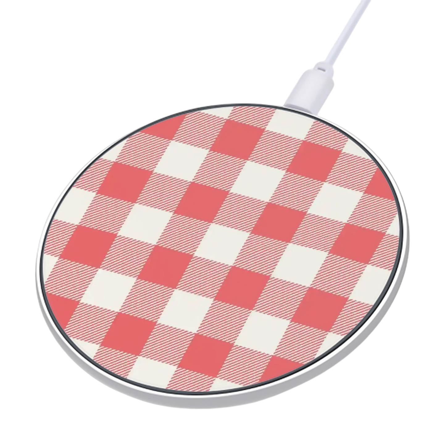 A round wireless charging pad with a red and white gingham checkered pattern, featuring a white charging cable extending from the top right, shown on a solid white background.