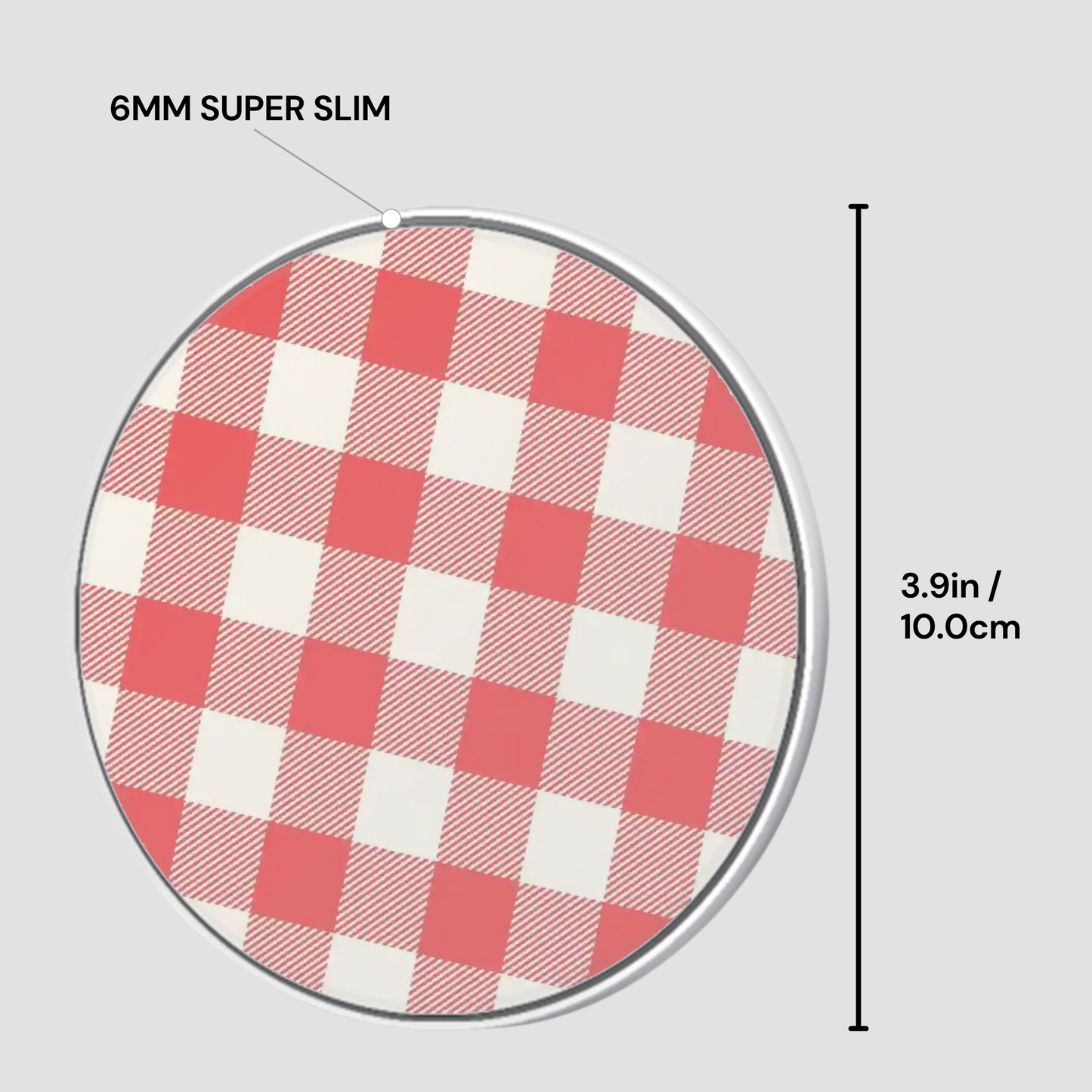 A circular product with a red and white gingham checkered pattern, shown with dimension labels indicating 6mm slim thickness and 3.9 inches (10.