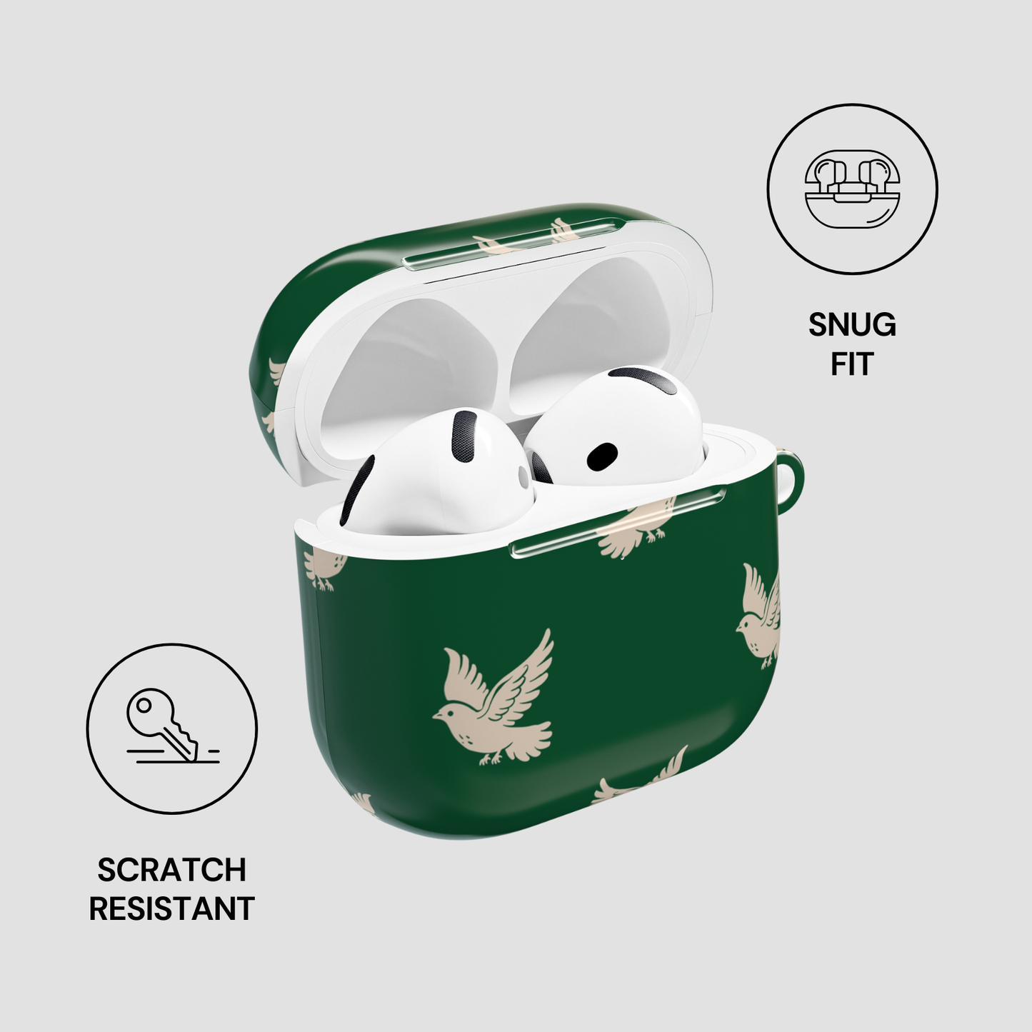 Green wireless earbud case with bird pattern, featuring AirPods inside on a light gray background.