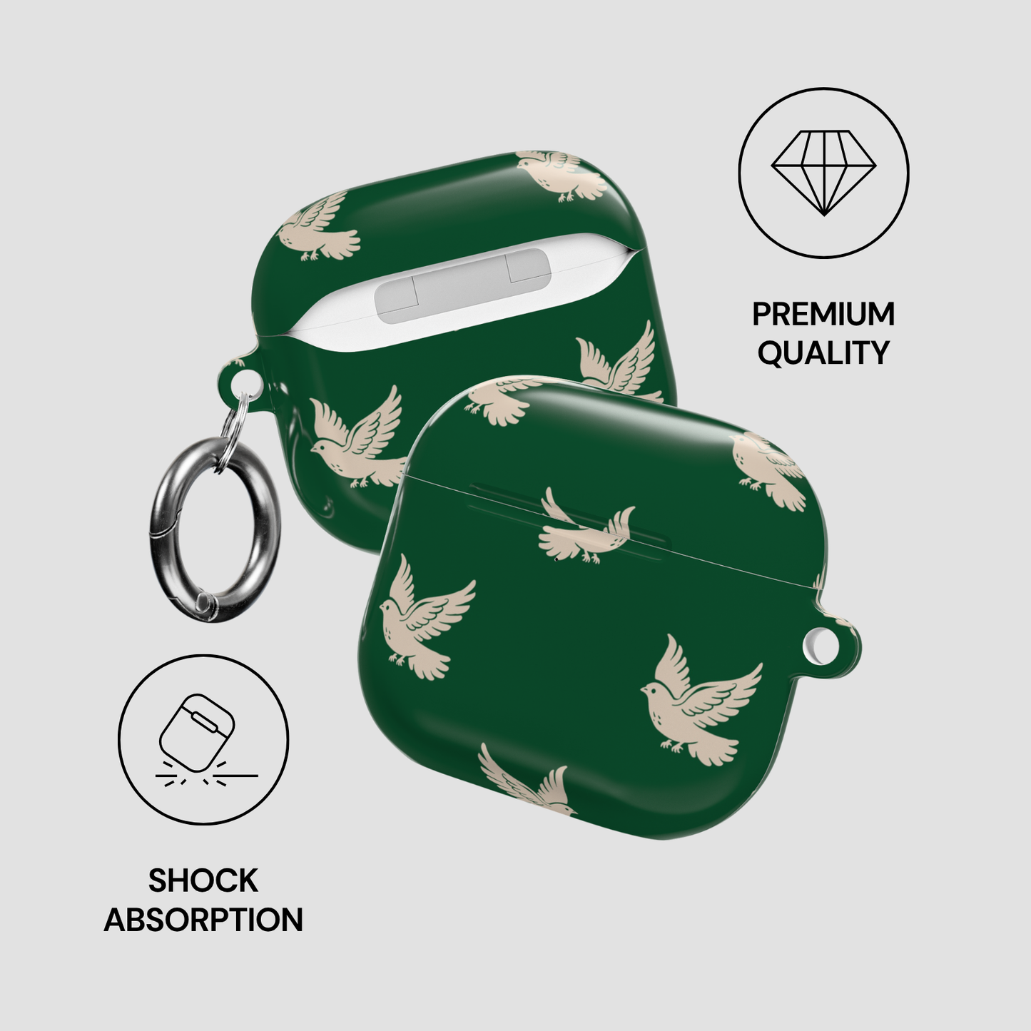 Green case with bird pattern for wireless earbuds on a light gray background