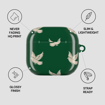 Green case with bird pattern on a gray background with feature icons and text.