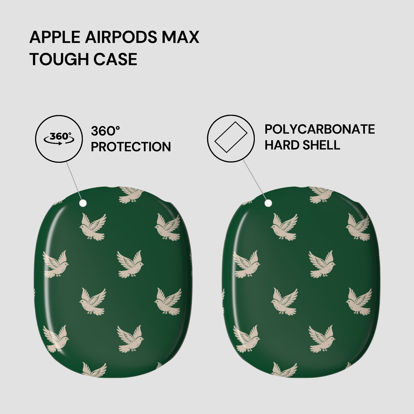 Green tough case for Apple AirPods Max with bird pattern and text highlighting features on a light gray background.