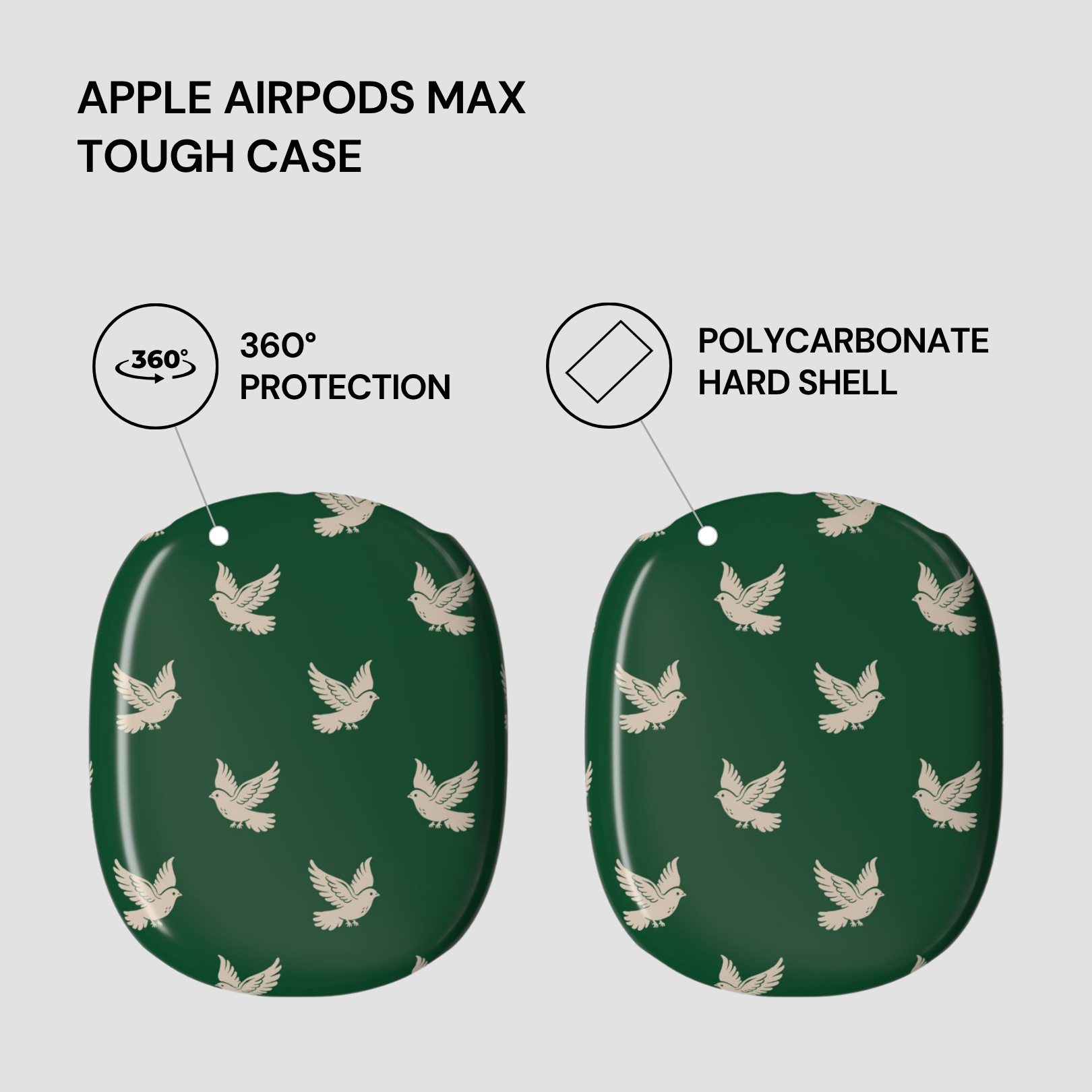 Green tough case for Apple AirPods Max with bird pattern and text highlighting features on a light gray background.