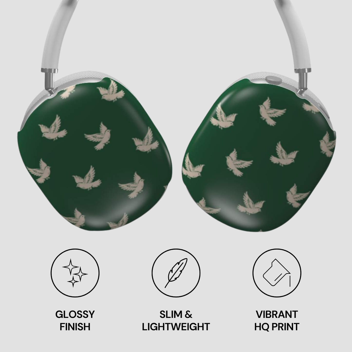 Green earbud cases with bird pattern on a white background