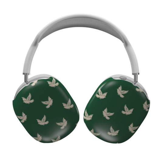 Green headphones with bird pattern on a white background