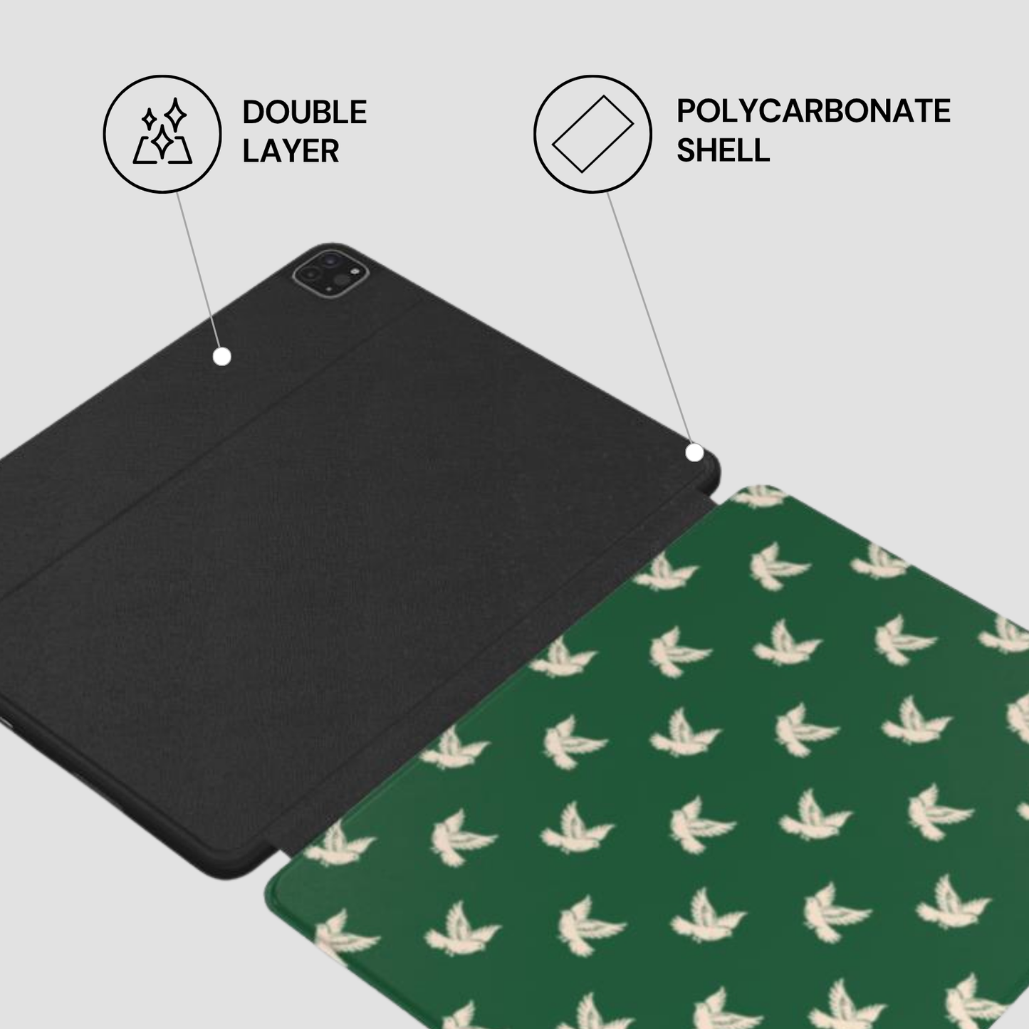 Black tablet case with polycarbonate shell and double layer feature on a green patterned mat.