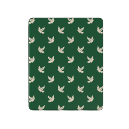 Green fabric with white bird pattern on a white background