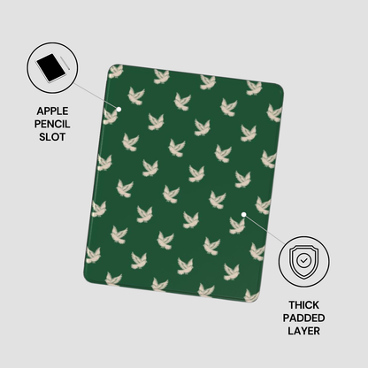 Green case with bird pattern featuring an Apple Pencil slot and thick padded layer on a white background