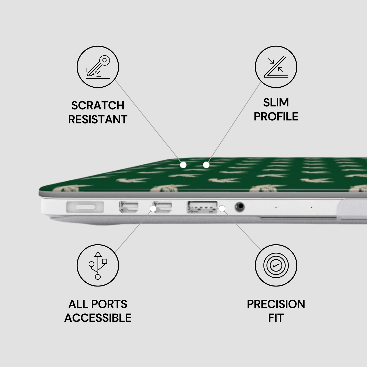 Laptop with green case featuring animal pattern, labeled features on a gray background