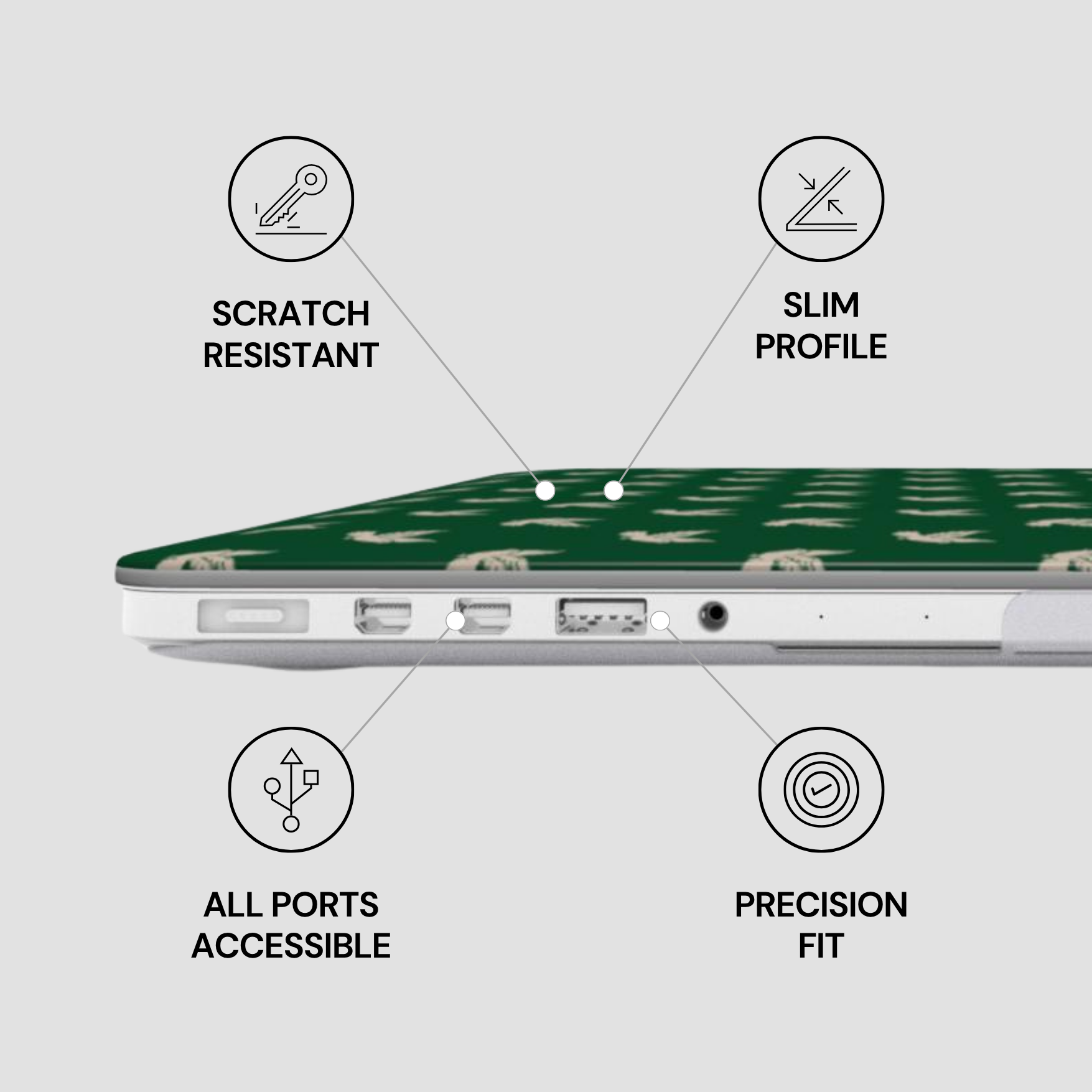 Laptop with green case featuring animal pattern, labeled features on a gray background