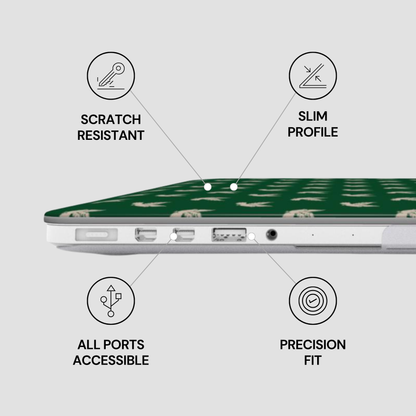 Laptop with green case featuring animal pattern, labeled features on a gray background