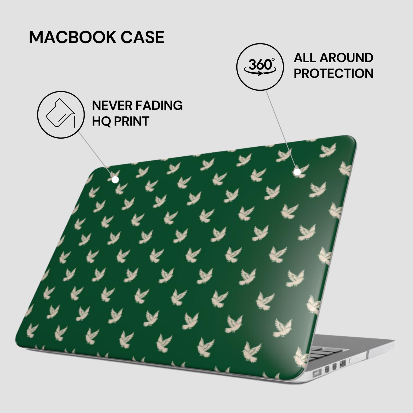 Green laptop case with white bird pattern on a light gray background