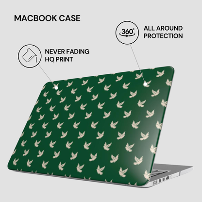 Green laptop case with white bird pattern on a light gray background