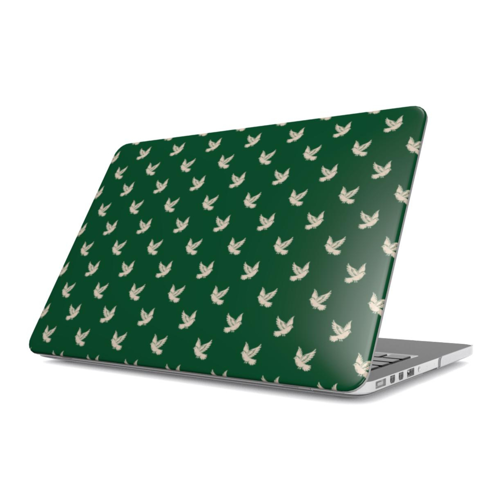 Laptop with a green case featuring white bird pattern on a white background