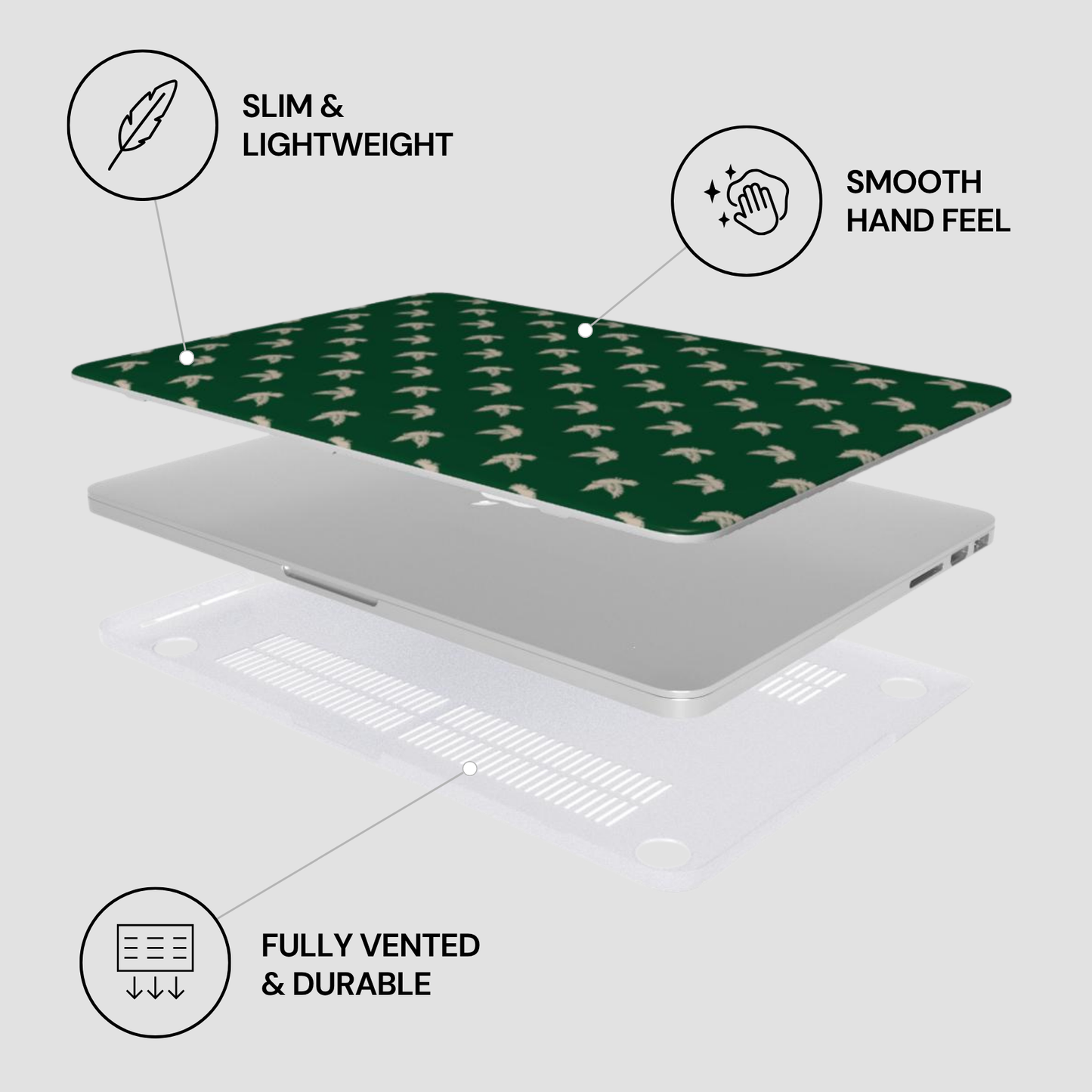 Laptop with green patterned skin on a light gray background, featuring text labels about features.