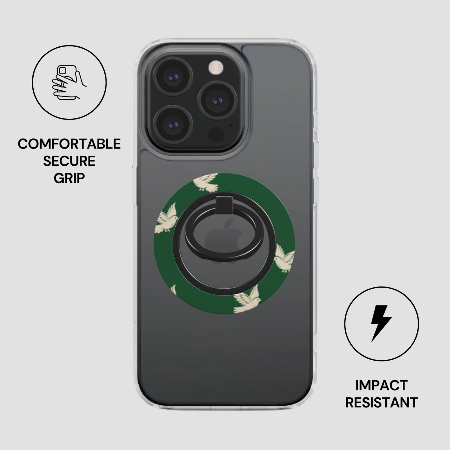Phone case with ring holder and green circular design on a gray background