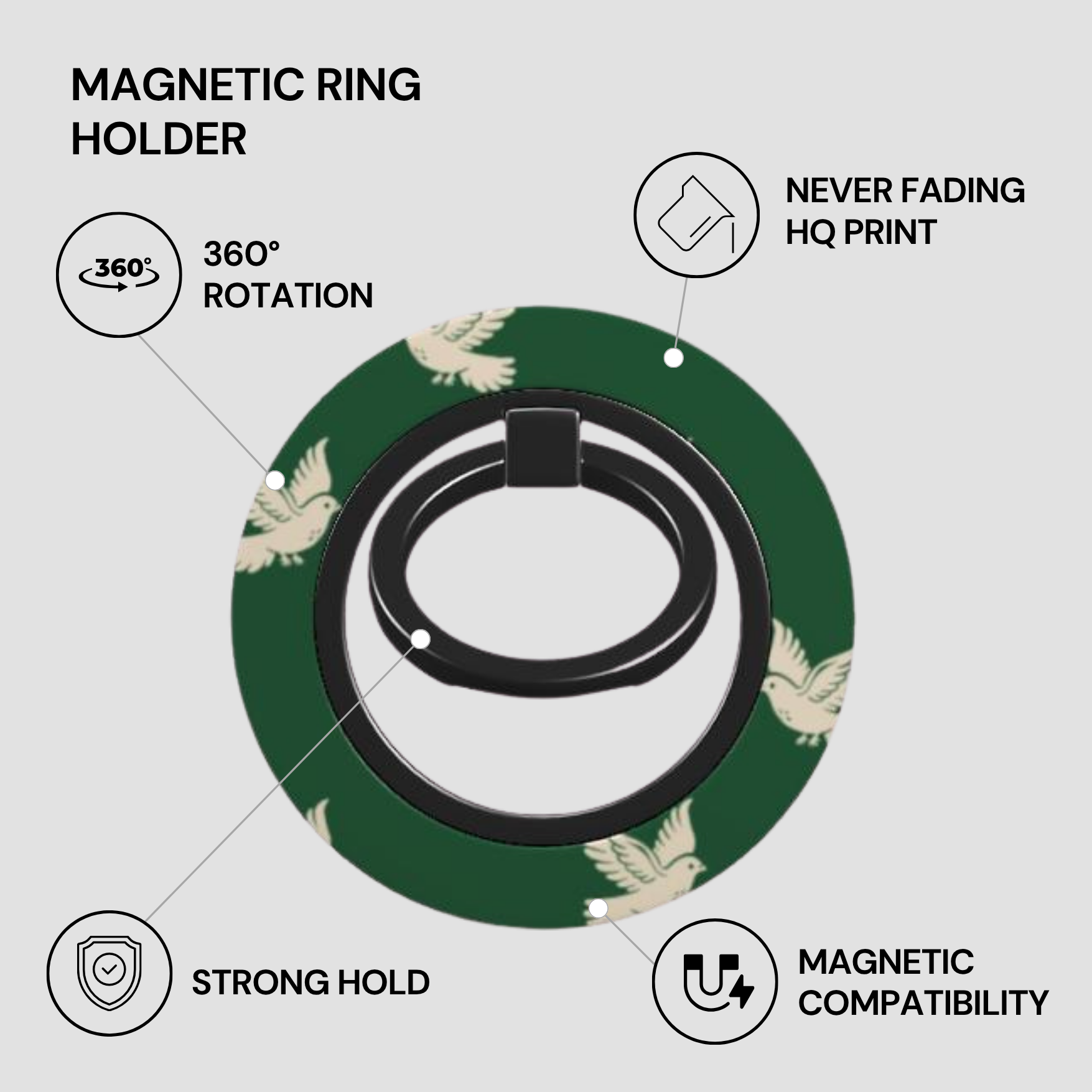 Magnetic ring holder with green background and bird design, featuring text on features.