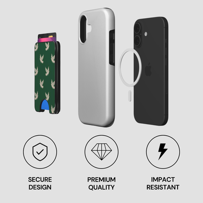 Exploded view of Royal Dove Magnetic Wallet with phone, case, and magnetic ring components