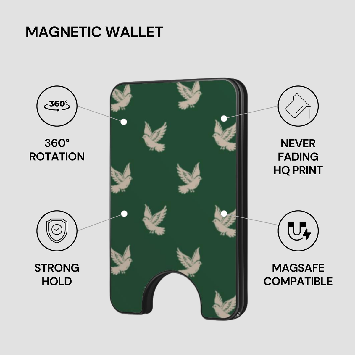 Royal Dove Magnetic Wallet with feature callouts including strong hold, MagSafe compatible, and HQ print