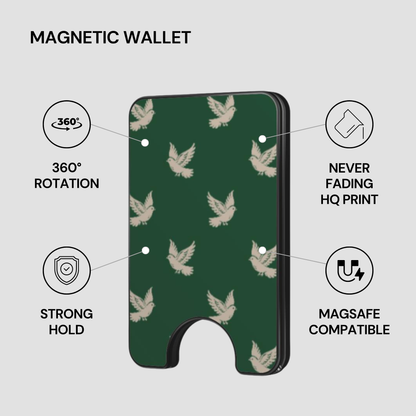 Royal Dove Magnetic Wallet with feature callouts including strong hold, MagSafe compatible, and HQ print