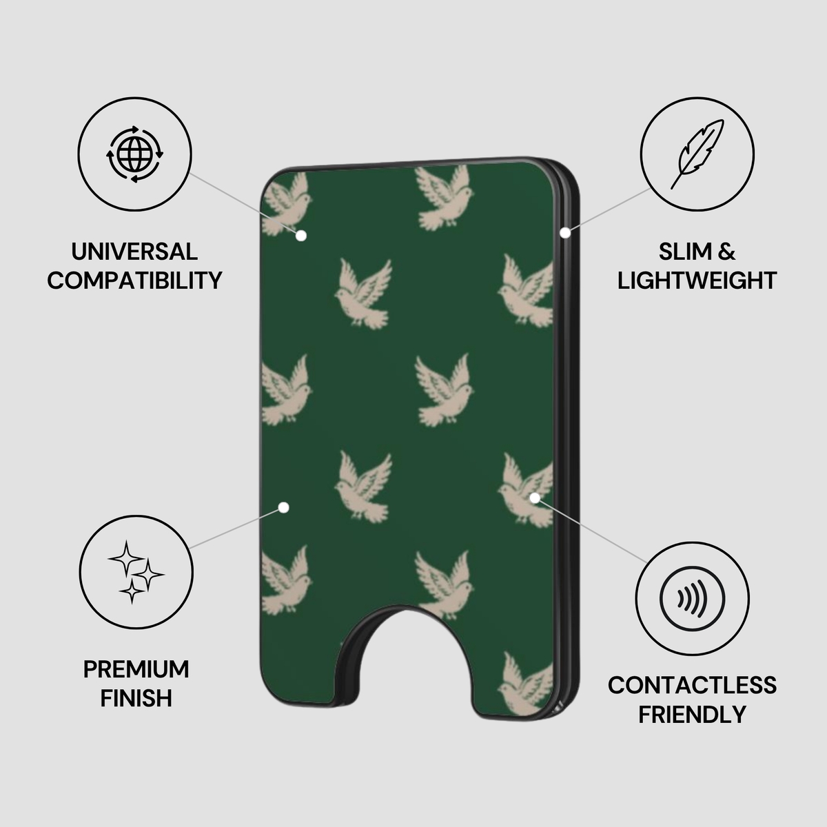 Royal Dove Magnetic Wallet showing secure design, premium quality, and impact resistant features