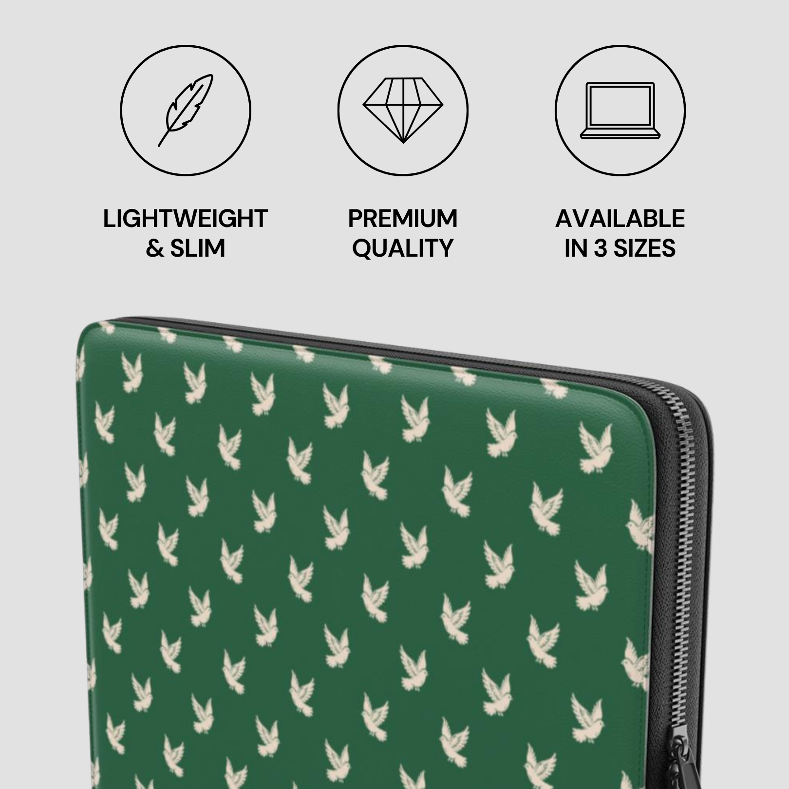 Green laptop sleeve with white bird pattern and product features on a gray background