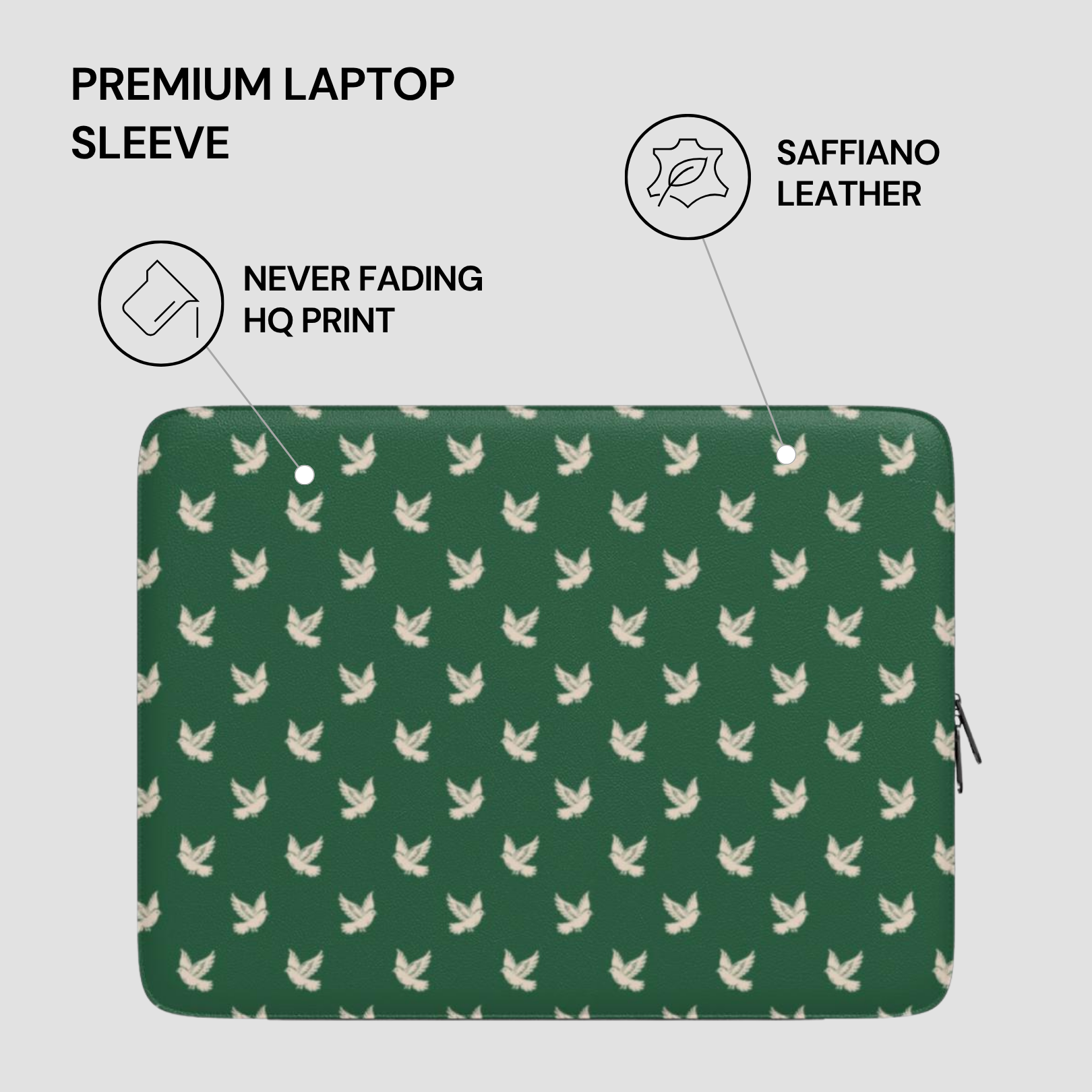 Green laptop sleeve with white bird pattern on a gray background