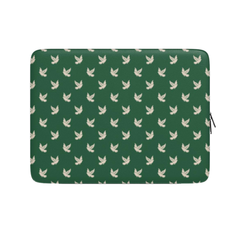 Green laptop sleeve with white bird pattern on a white background