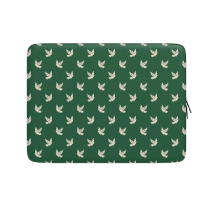 Green laptop sleeve with white bird pattern on a white background