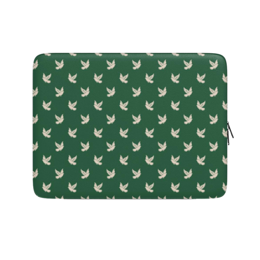 Green laptop sleeve with white bird pattern on a white background