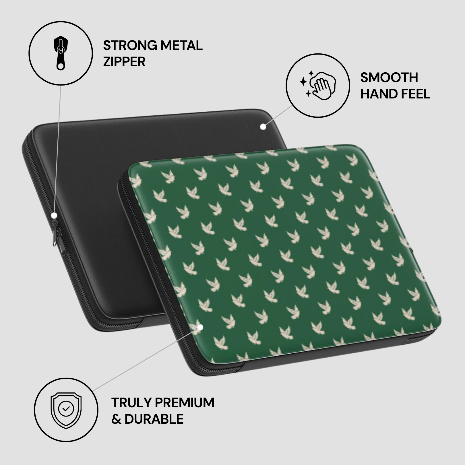 Green patterned case with black zipper on a light gray background, featuring text about features.