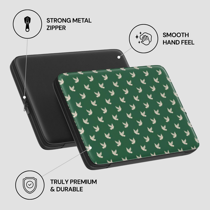 Green patterned case with black zipper on a light gray background, featuring text about features.