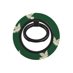 Green phone ring holder with bird pattern on a white background