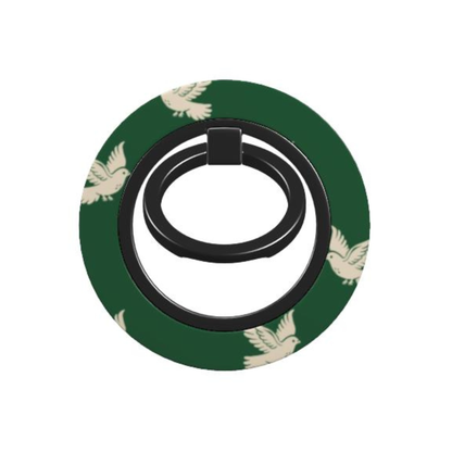 Green phone ring holder with bird pattern on a white background
