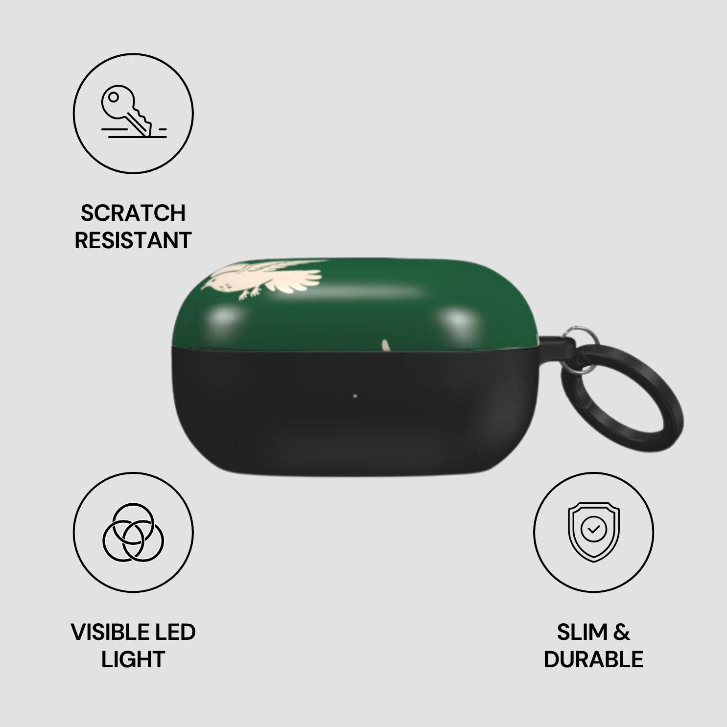 Green and black case with keychain, featuring scratch-resistant, visible LED light, slim, and durable attributes on a gray background.