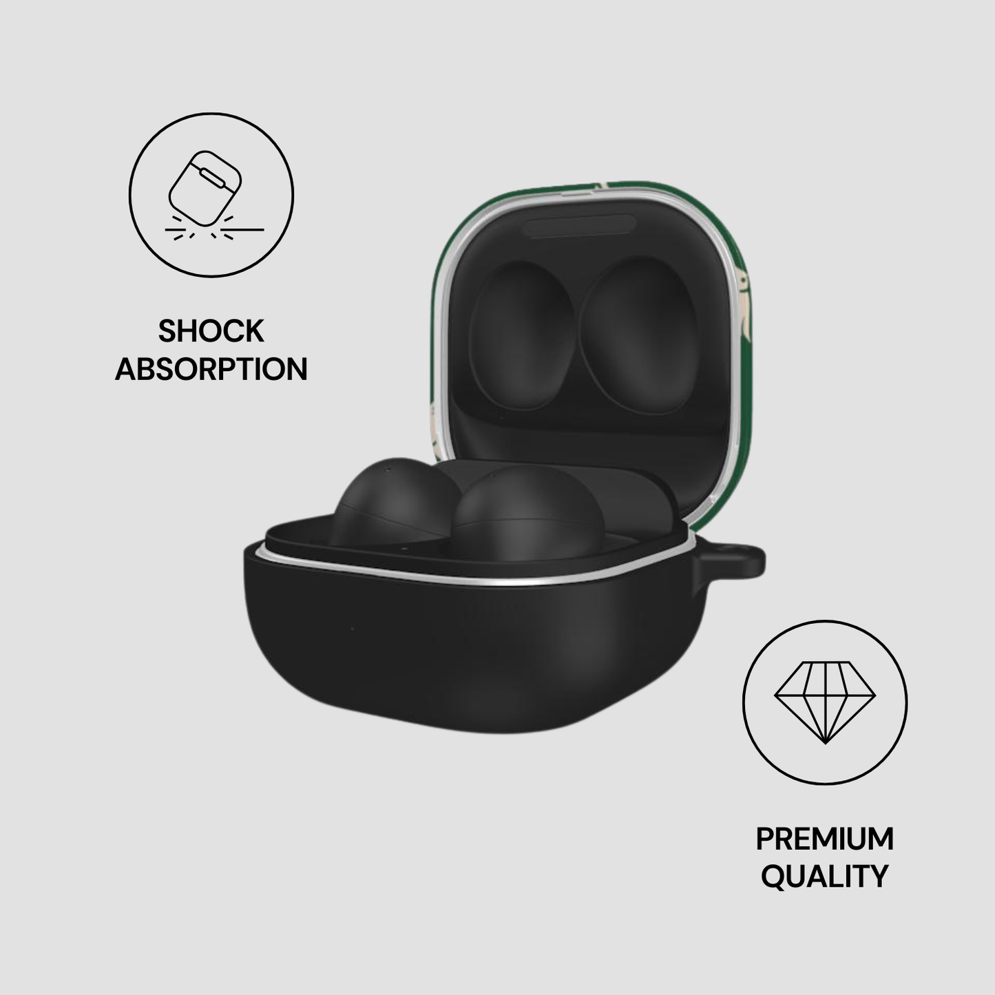 Black earbud case with colorful pattern on a white background, featuring icons for shock absorption and premium quality.