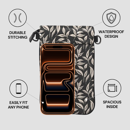Phone case with leaf pattern and features highlighted on a light gray background