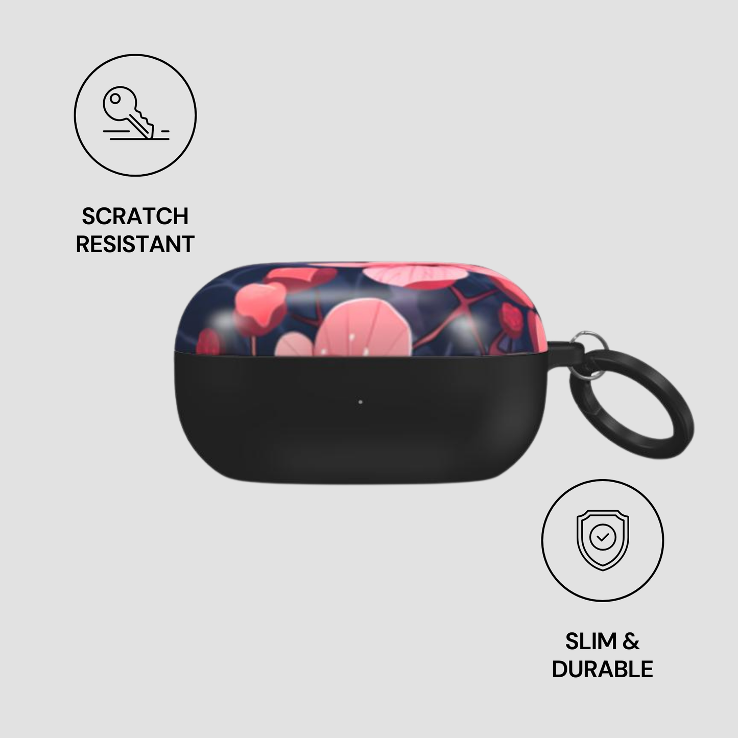 Black case with colorful design on a gray background, featuring 'Scratch Resistant' and 'Slim & Durable' icons.