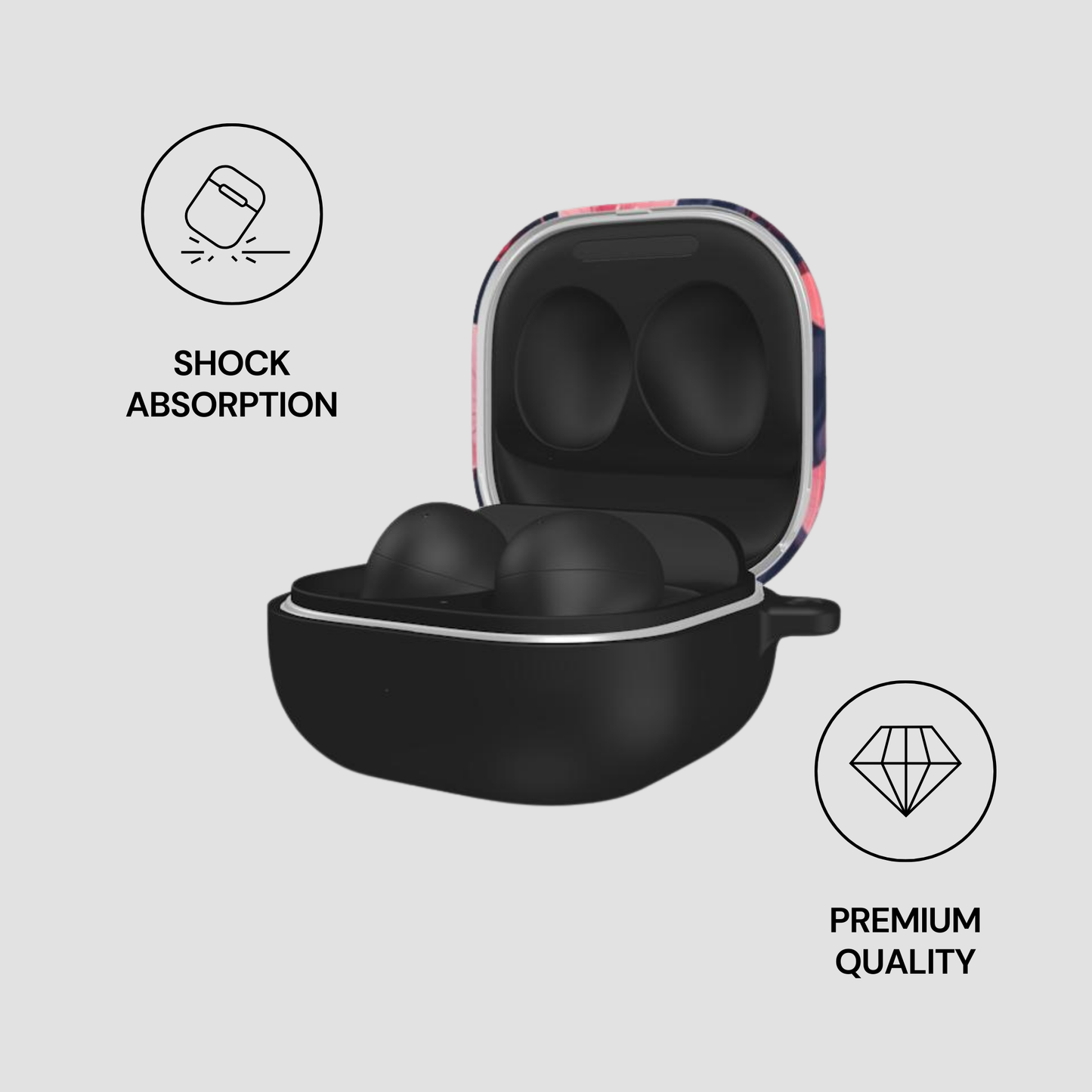 Black earbud case with open lid on a light gray background, featuring icons for shock absorption and premium quality.