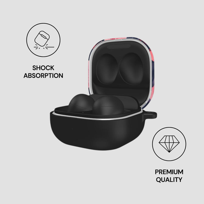 Black earbud case with open lid on a light gray background, featuring icons for shock absorption and premium quality.