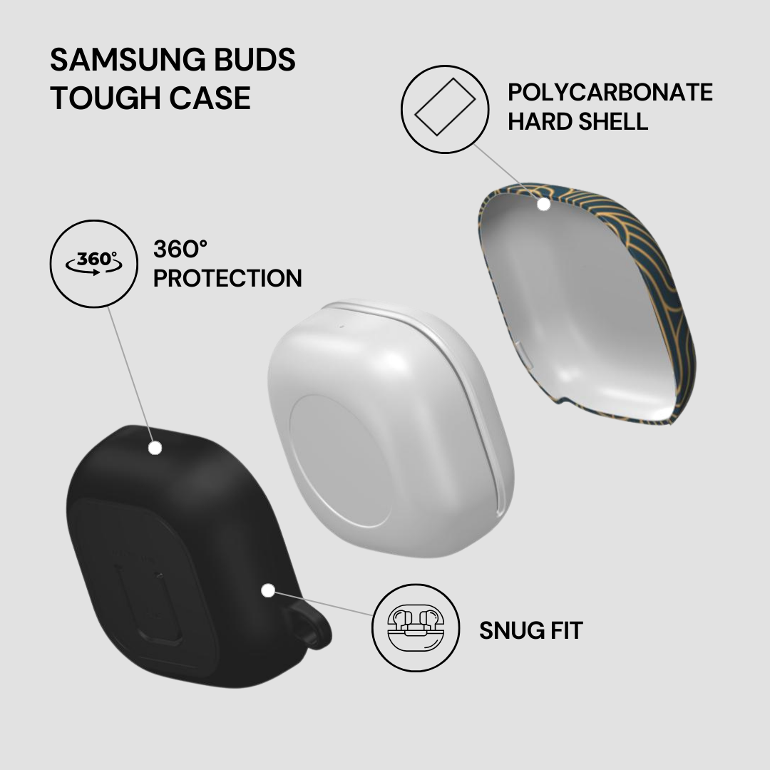 Samsung Buds Tough Case with features highlighted on a gray background