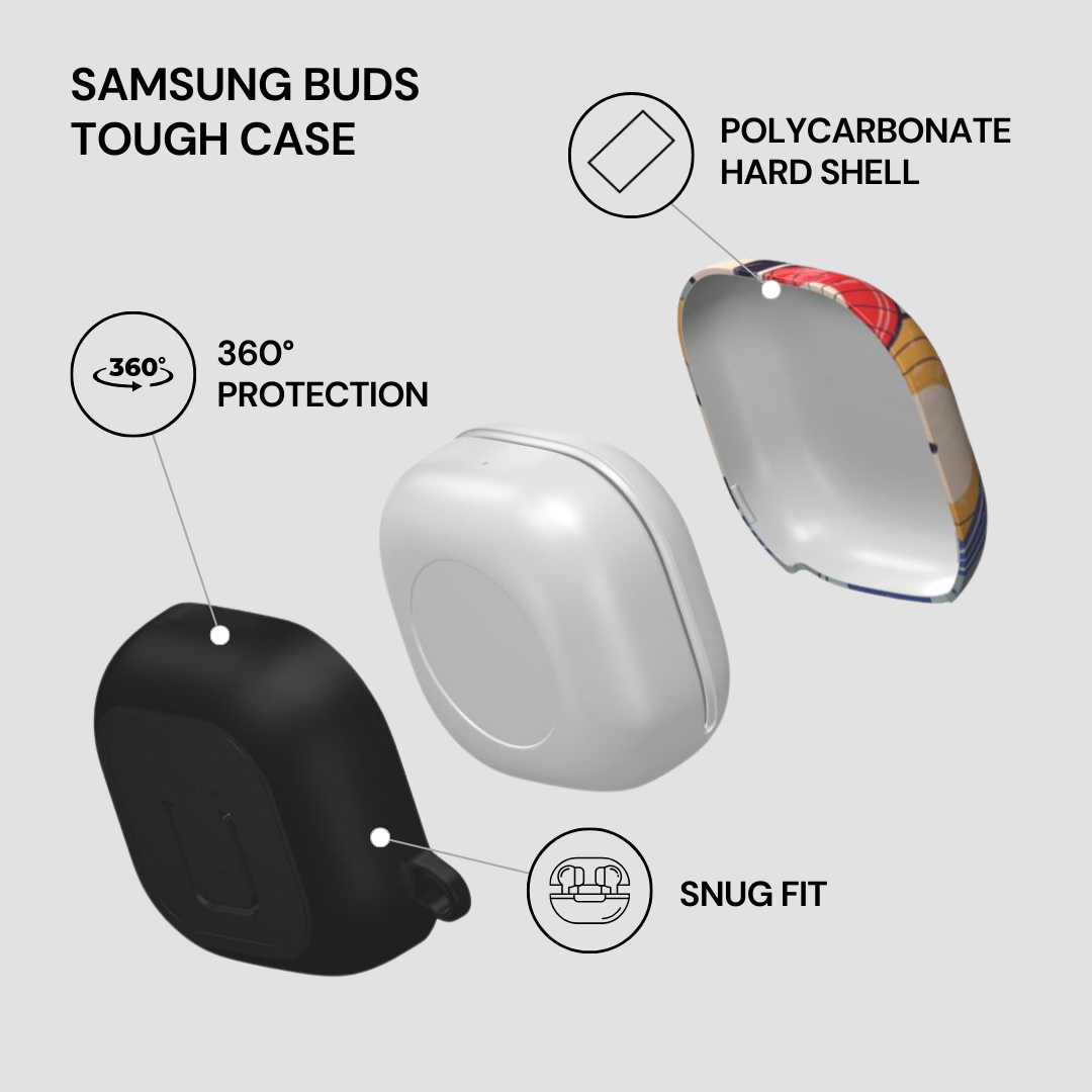 Samsung Buds Tough Case with features highlighted on a light gray background