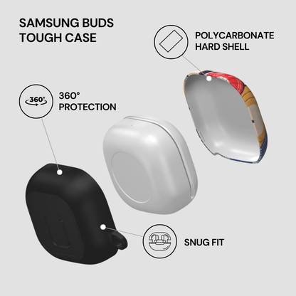 Samsung Buds Tough Case with features highlighted on a light gray background