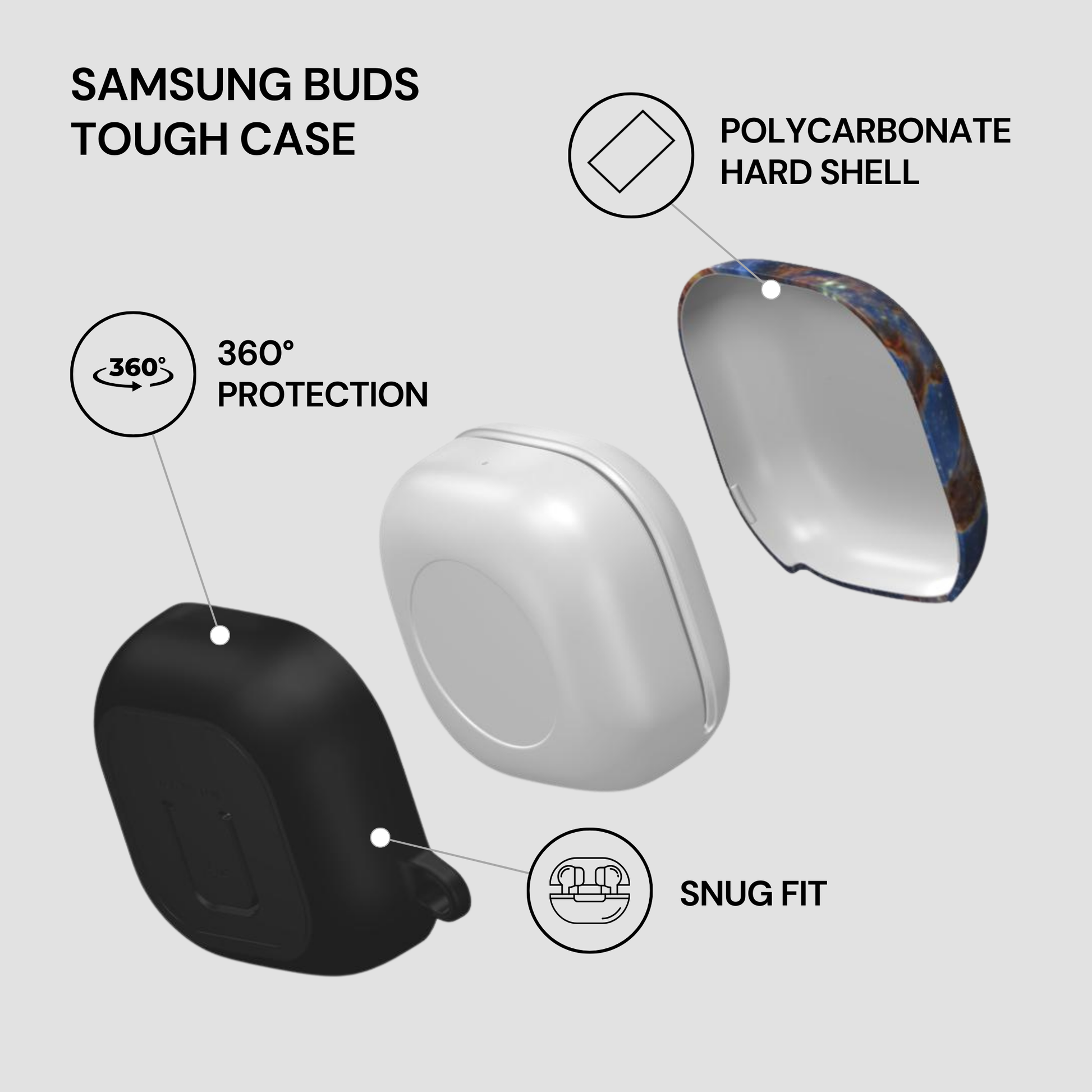 Samsung Buds Tough Case with features highlighted on a white background