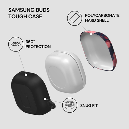 Samsung Buds Tough Case with features highlighted on a light gray background