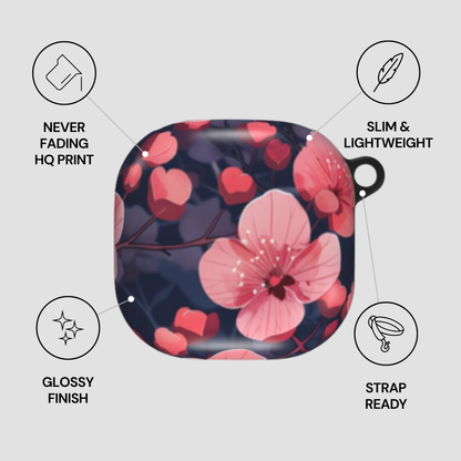 Floral design case with features listed on a light gray background