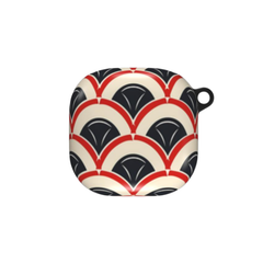 Decorative square object with black, red, and beige pattern on a white background