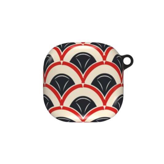 Decorative square object with black, red, and beige pattern on a white background